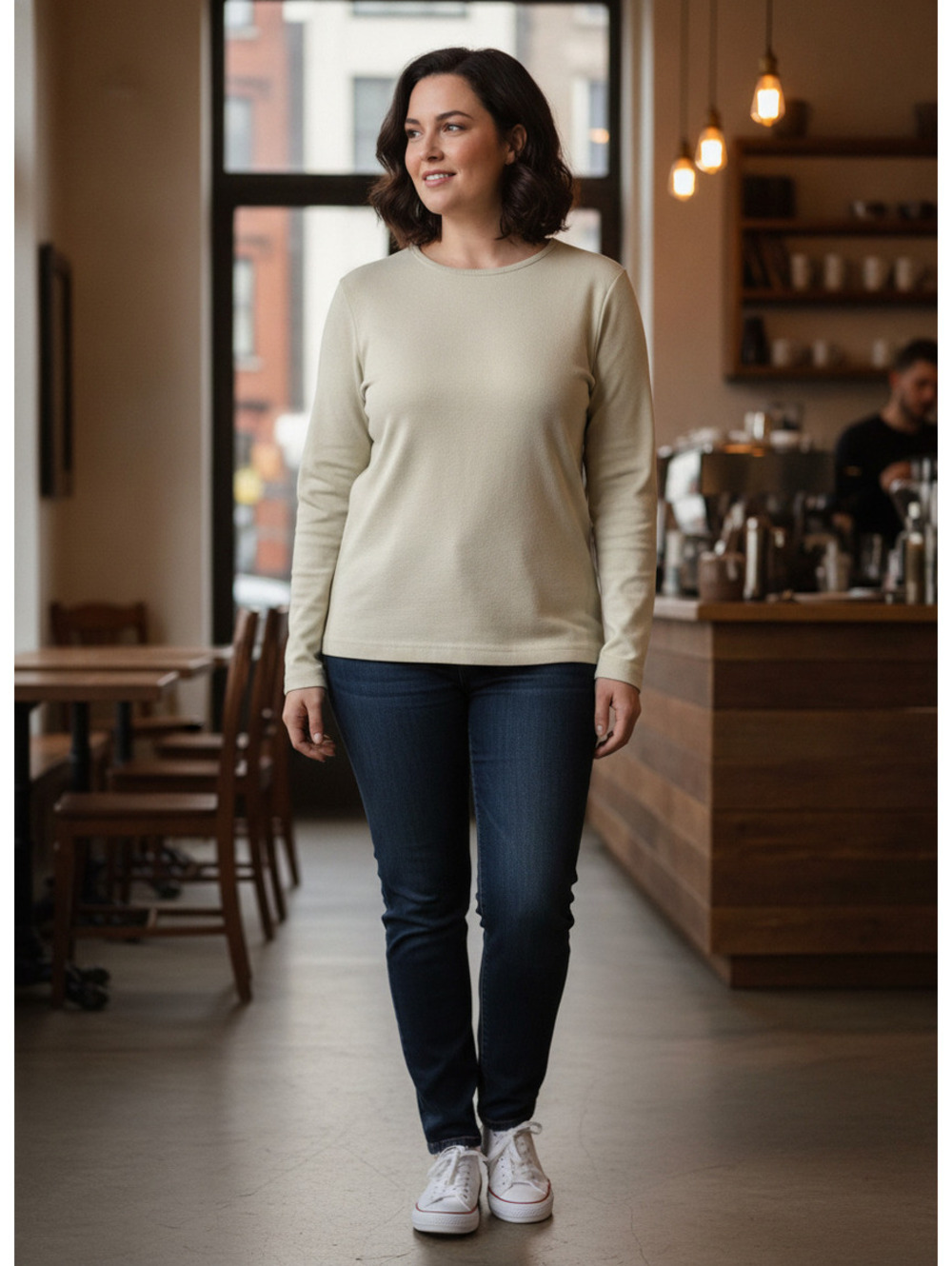045 Bay Studio Petite Cream Cotton Long Sleeve T-Shirt Size PS